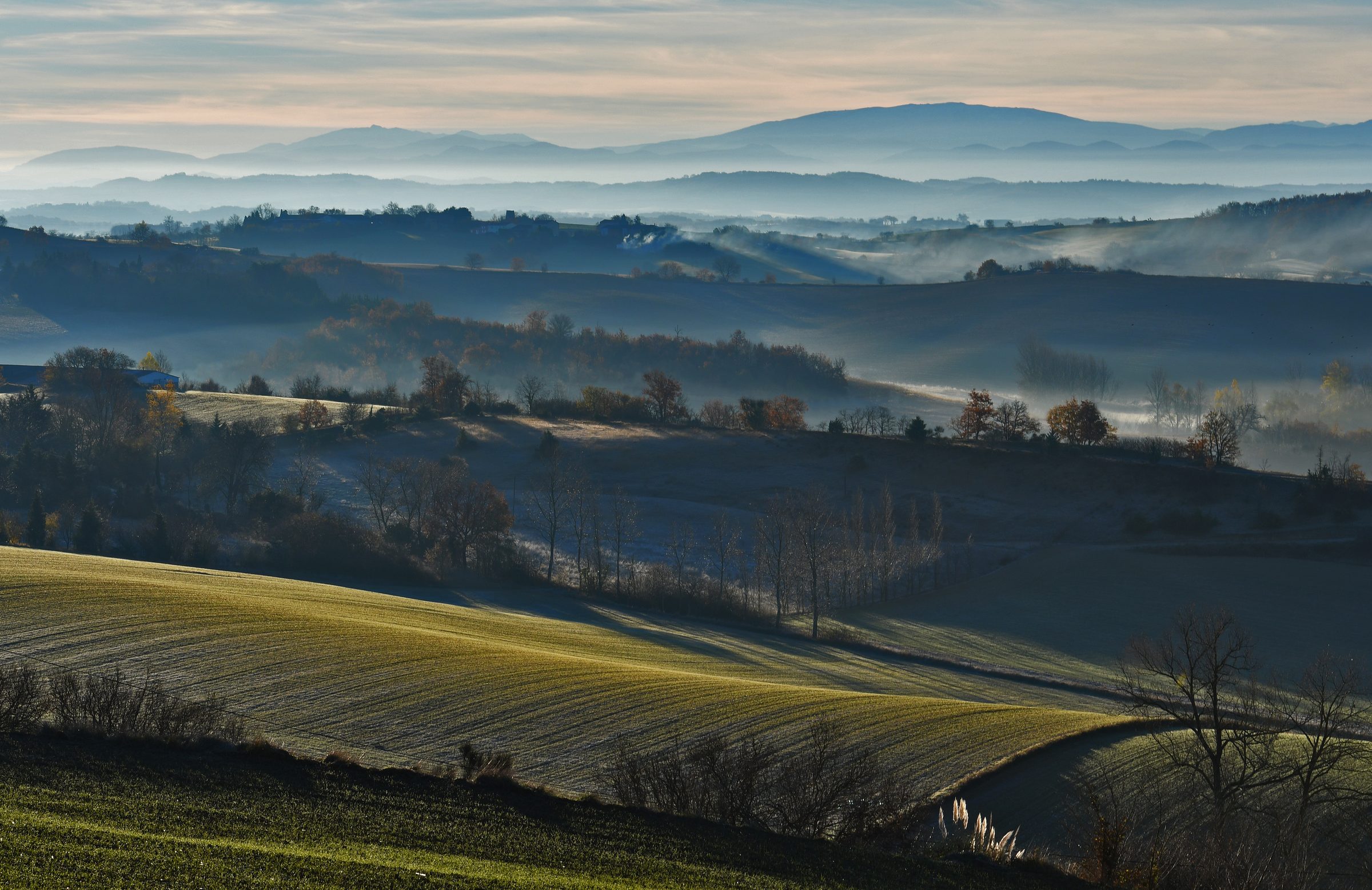 Paysage du Lauragais avec les Pyrénées en arrière-plan